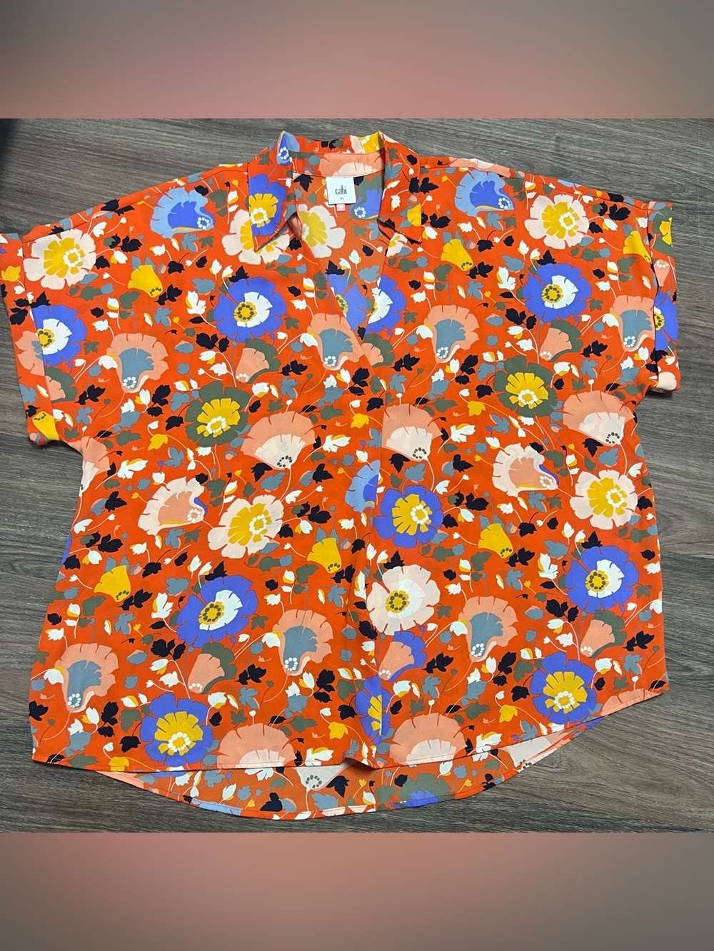 CAbi Orange Floral Short Sleeve Button-Down Shirt